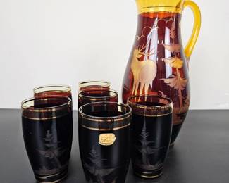 Lot #B164 - Czechoslovakian Bohemia Glass Crystal Ruby Red & Amber Cut to Clear Glass Pitcher and Tumblers Set with Gold Rim