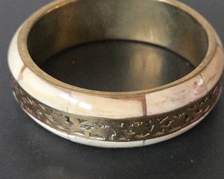 Lot #B50 - Vintage Inlaid Bone and Brass Bangle Bracelet with Intricate Filigree Design
