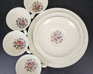 Lot #B138 - Antique Wedgwood Patrician Swansea White Ironstone Teacups & Plates with Raised Scrollwork and Floral Decals