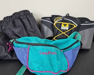 Lot #B31 - Camp Trails Vintage Colorblock Fanny Pack, Mountainsmith Tour Lumbar Fanny Pack, & REI Lightweight Waterproof Pants