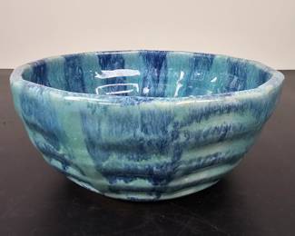 Lot #B141 - Vintage Handcrafted Signed Blue Glaze Pottery Bowl with Textured Interior