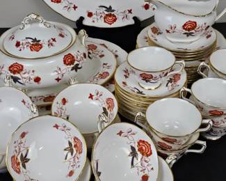 Lot #B154 - Mid Century Royal Crown Derby Bali (Ely Chelsea) Dinnerware Set - Red Floral Design