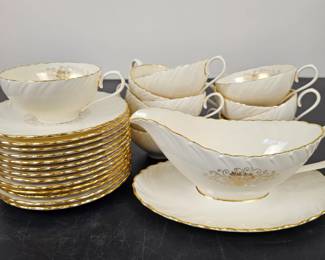 Lot #B124 - Lenox Orleans Fine China Tea Set with Gold Trim and Floral Design, Plus Gravy Boat