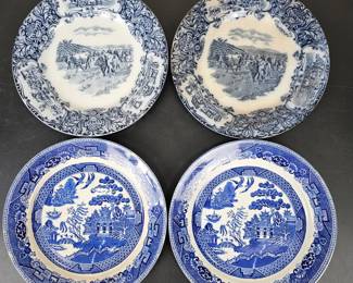 Lot #B143 - Antique Wedgwood & Co. Ltd. Blue and White Transferware Plates with Willow Pattern Design & Pastoral Scene
