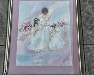 Lot #B17 - Signed Betty DeMarco Watercolor Painting of Bride and Flower Girls in Elegant Frame