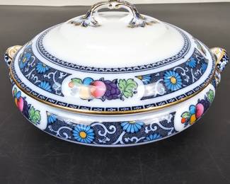 Lot #B158 - Antique Losol Ware Pomona Porcelain Covered Serving Dish with Floral and Fruit Pattern, Gold Accents