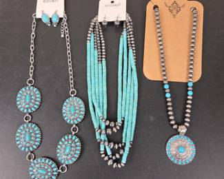 Lot #B64 - Wildflower Turquoise Stone Necklace and Earrings Set with Silver Tone Beads and Unique Pendant Designs