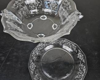 Lot #B152 - Fostoria Navarre Etched Glass Bowl and Plate Vintage Elegant Handled Serving Set