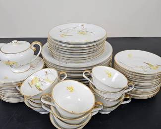 Lot #B118 - H&C Selb Bavaria Autumn Fine Porcelain Dinnerware Set with Gold Trim and Leaf Motif