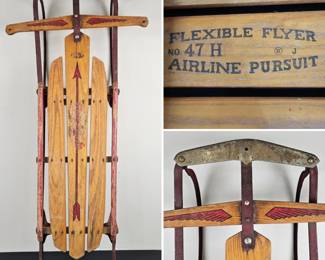 Lot #B2 - Vintage Flexible Flyer No 47H Airline Pursuit Wooden Sled with Metal Frame & Red Arrow Design