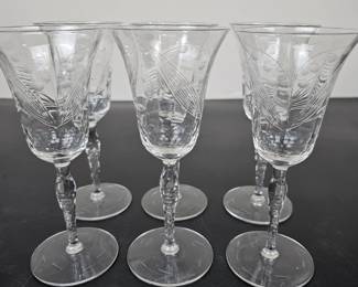 Lot #B161 - Antique Crystal Wine Goblets with Etched Floral and Geometric Design