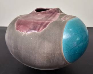 Lot #B140 - Mid-Century Modern Signed Tony Evans Ceramic Raku Pottery Art Vase with Blue & Pink Glaze Finish