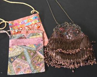 Lot #B58 - Vintage Beaded Floral Embroidered Evening Purse with Metal Chain Strap Plus Two Fabric Cross Body Pouches