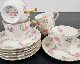 Lot #B5 - Theodore Haviland New York Delaware Fine China Tea Cups and Saucers Set with Pink Roses and Gold Trim
