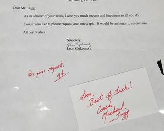 Lot #B71 - Vintage Signed Coach Michael Trigg Autograph and Letter from Leon Czirkowsky Collectible Sports Memorabilia