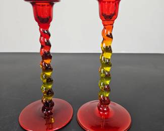 Lot #B21 - Vintage Tiffin Amberina Art Glass Candlestick Holders Twisted Stem