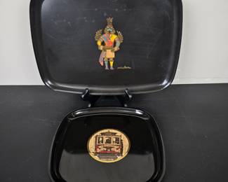 Lot #B133 - Vintage Couroc California Black Resin Trays with Inlaid Native American Kachina Design & Tram Design