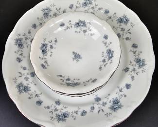 Lot #B134 - Johann Haviland Bavaria Germany Garland Fine China Dinner Plates & Berry Bowls with Silver Trim Vintage Dinnerware