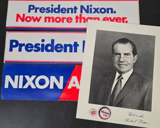 Lot #B83 - Vintage Richard Nixon 1968 Campaign Memorabilia Lot with Bumper Stickers and Buttons Plus Authentic Signed Picture