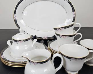 Lot #B135 - Royal Doulton Vogue Collection Enchantment Fine China Black Floral Gold Trim Tea Set and Serving Platter