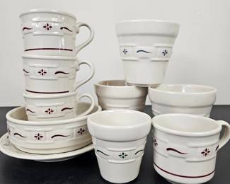Lot #B24 - Vintage Longaberger Pottery Oven Safe Stoneware Coffee Mugs, Plate, Bowl & Mini Planters
