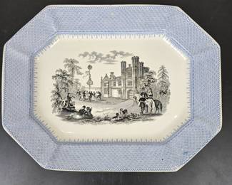 Lot #B146 - Antique TJ&J Mayer "Baronial Halls" Blue & White Transferware Platter with Historic Manor and Victorian Figures
