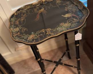 small lacquered & decorated tray top table on bamboo style legs