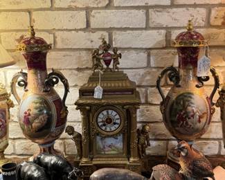 Lg. & fine pair of Royal Vienna porcelain brz. mtd. urns, c. 1880; 19thc. Fr. porc. Brz. mtd. mantel clock, c. 1860