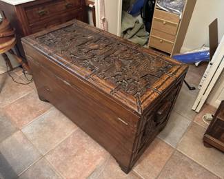 fine large antique chinese carved camphor wood blanket chest, c. 1880