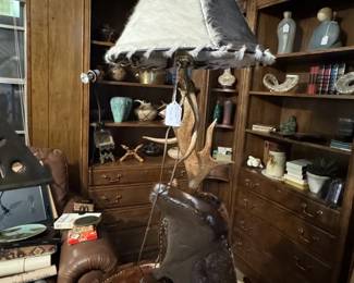 Custom designer saddle, antler and wood table lamp, hair on hide shade