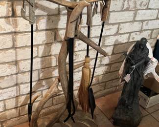 antler & wrought iron fire tool set