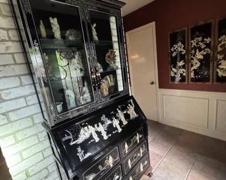 superb mother of pearl inlaid lacquered secretary vitrine cabinet