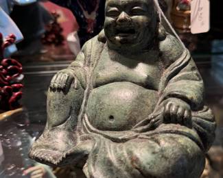Vintage patinated bronze figure of a smiling Buddha