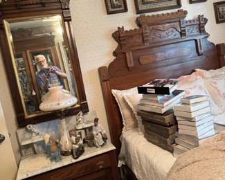washstand & mirror (2) from Eastlake bedroom suite, c. 1880; Eastlake carved walnut double bed from bedroom suite