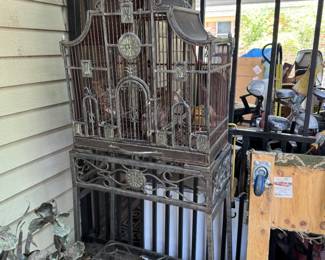 Large patinated metal & bronze birdcage on stand