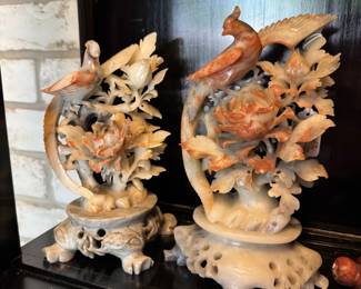 Great pair of antique Chinese finely colored soapstone floral & bird groups