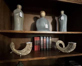 Jack Black signed pottery figures and pair of rams horn candle holders