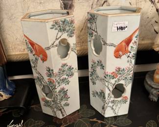 Fine pair of antique Chinese porcelain hexagonal wig/hat stands, c.1880