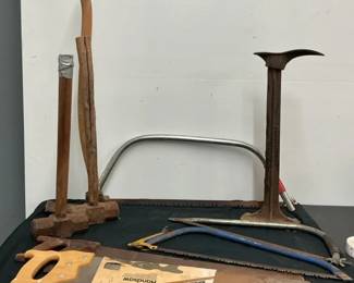 Cobblers Cast Iron Shoe Stand, Hand Saws  Sledge Hammers.