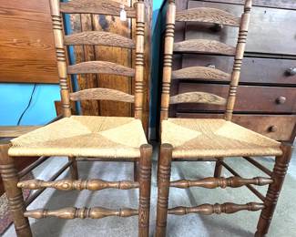 Pair ladder back chairs, woven seats