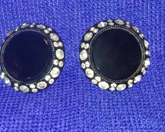 Vintage Crown Round Black Lucite with Rhinestones