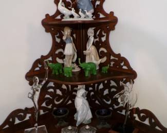 Lladros, Hummel, Jade Color Glass Elephants and Other Items on 19th Century Etagere' Corner Cabinet