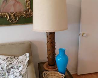 Unusual Vintage Wallpaper Cylinder Lamp and Large Blue Murano Vase