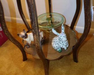 Items on Bottom Tray of Brass and Wood Folding Table