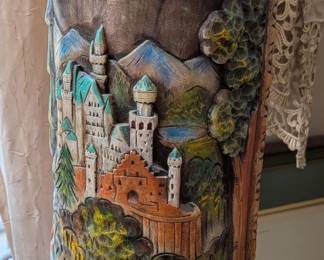 Neuschwanstein Castle hand carved hand painted 15" German candle 1970 with heavy wrought iron stand