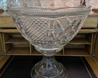 Large depression glass punch bowl on pedestal with 12 cups.  All perfect.  Packed in newsprint dated 1977!.