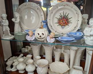 Lenox Woodland, Wedgwood blue bridge set, plus 2 pcs each sage green & blue sets. Lidded box, vase 