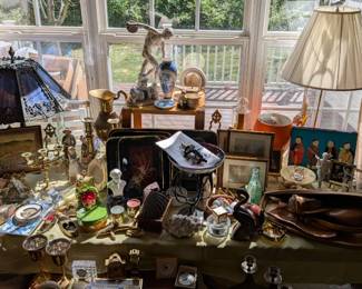 Antique blue slag glass lamp, lights lavender.  Brass, items from Europe & Vietnam, circa 1967 - 1970, Munich Olympics souvenirs 