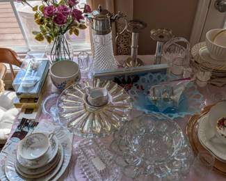 Johann Haviland Bridal Rose, cocktail pitcher, Fostoria amber petal, vintage glass