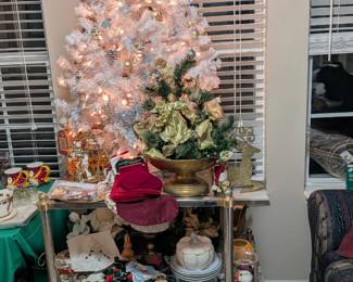 Nice holiday items including a decorated lighted tabletop tree with a Bernese Mt Dog observing..